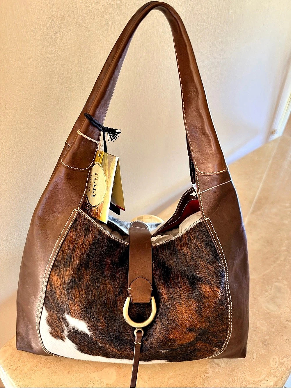 Cavalcanti Hair-On Leather Hobo in Brown & White NWT
